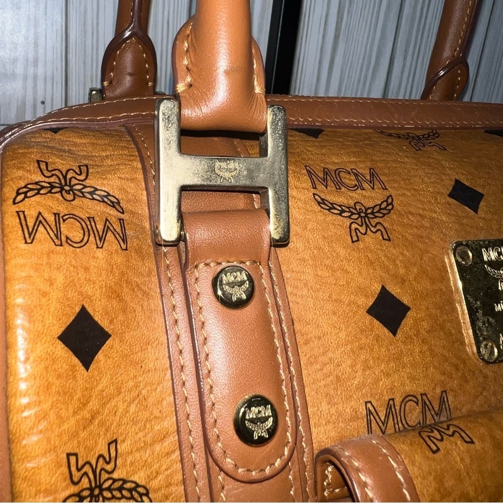MCM Vintage Cognac Visetos Monogram Boston Satchel Bag with Gold Logo Plate - Picture 2 of 14